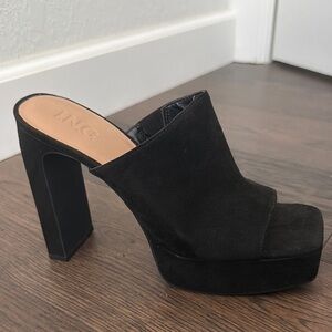 INC Rali International Concepts Black Suede Platform Mule Heels